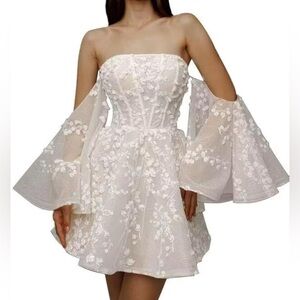 Lace Short Wedding Dresses, Strapless Lace Bridal Evening Party Gown! Ivory